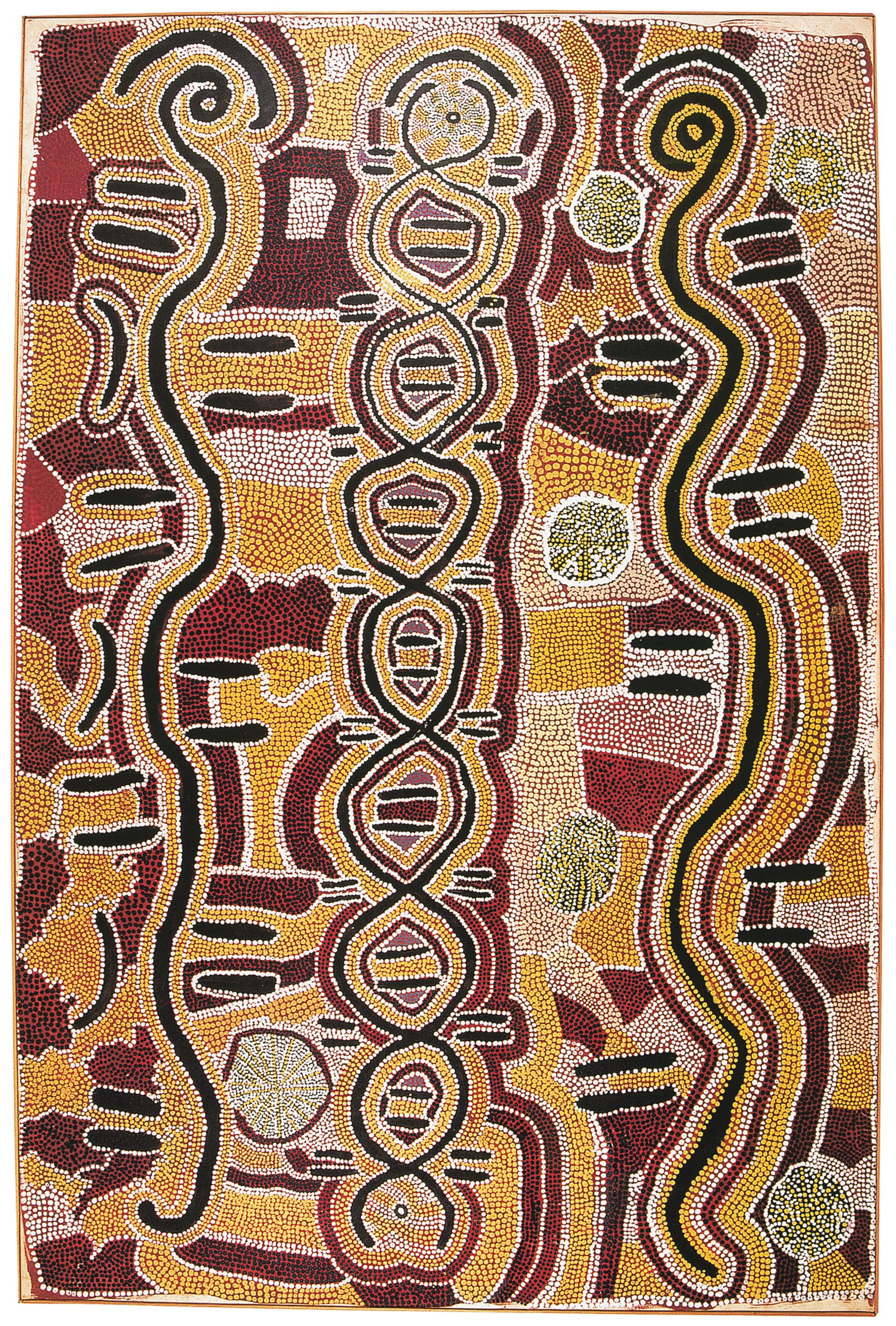 Paddy Gibson Japaljarri, (né vers 1925), Kurlungalinpa, 1988. Walpiri, Lajamanu, désert central. Acrylique sur toile, 128 x 85 cm. Collection B. Glowczweski.