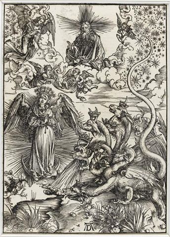 Albrecht Dürer, Apocalypse selon Saint Jean - La femme de soleil et le dragon à 7 têtes, estampe, vers 1498-1511, Reims, musée Le Vergeur 